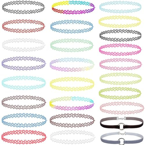 KUIZHEN Elastische Halskette, 26 Stück Choker Halskette Tattoo Kette Elastisch Dehnbar Tattoo Choker Stretch Choker Kette Set Modeschmuck für Frauen Buntes Tattoo Halskette