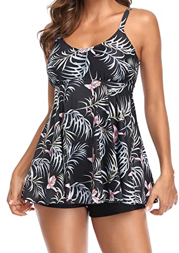 Womens Tankini Sets with Shorts UK Sale,2 Piece Tankinis Sets Tummy Control Swimwear Swimsuits Hawaiian Floral Print Swim Trunks High Waist Bathing Suit Swimming Costumes Ladies Plus Size Red