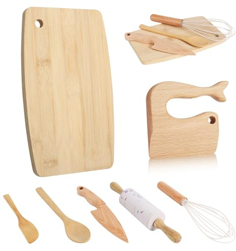 HEQU 7 Pieces Wooden Kids Knife Toddler Knife Set Toddler Cutting Board And Knife Set for Real Cooking Kitchen Tools for Toddlers for Cutting Veggies Fruits Salad Cake