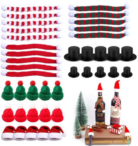 Wxgoqrcn 40 Piezas Gorros y Bufandas de Navidad, Mini Sombreros y Echarpes de Papá Noel, Gorros Navideños para Decorar Pequeños Árboles de Navidad