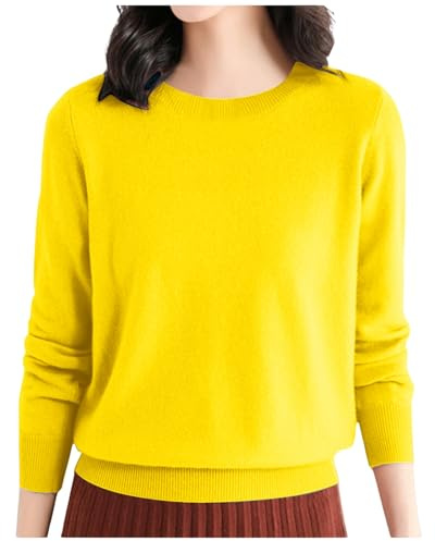 Pull Femme Automne Hiver Chaud Chic et Élégant Pull Fin Femme Manche Longue Col Rond Demi Saison Pullover Femme Tricoté Basic Doux Chandail Femme Leger Simple Uni Vintage (02#Jaune, L)