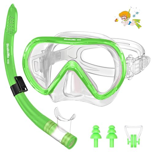 SkrekuiMa Gafas Buceo Niño, Set de Mascara y Tubo Nños para Snorkel y Buceo, Gafas de Bucear Panorámico de 180 HD, Máscara de Snorkel antivaho y antifugas para 4 a 14 Años