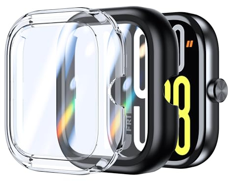 Rojeuinn 2 stycken fodral för Xiaomi Redmi Watch 5, skyddsfodral med skärmskydd, hård PC 360°, rund, anti-repor, anti-damm, ultratunt skyddshölje, transparent + svart
