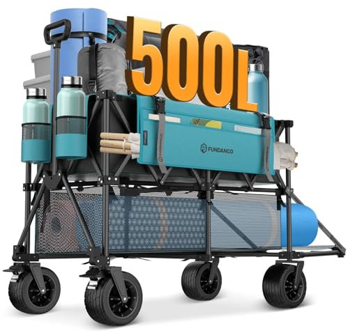 FUNDANGO 500L Doppeldecker Bollerwagen Faltbar, XXXL Faltbarer Doppelstock Bollerwagen mit Bremsen, Seitentaschen und großen All-Terrain-Rädern – geeignet für Sport, Camping, Einkaufen
