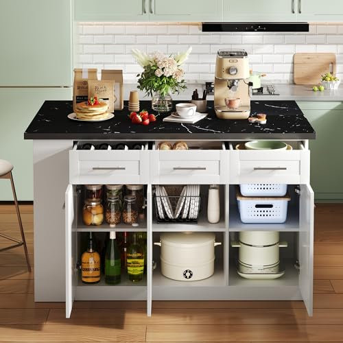 Arhatreya Multifunktionell köksö med 150 cm + 96 cm, vitt utdragbart matbord, svart/vitt marmorerat träbänkskiva/bord, integrerade förvaringsskåp, perfekt för familjekök, kruka
