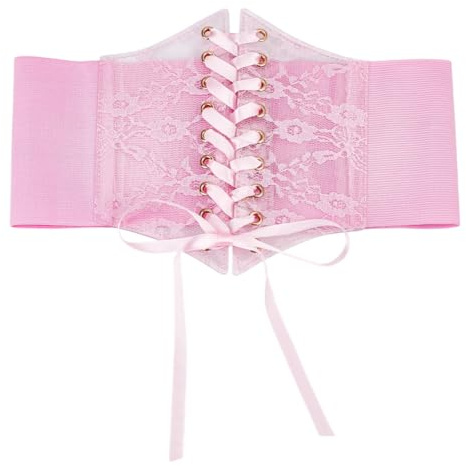 HOBBIESAY 1Pc Women Lace Corset Belts Elegant Wide Waist Bustiers Elastic Cinch Belt Tied Waspie Pearl Pink for Women DIY Dresses Wedding Cosplay and Burlesque Decoration Accessories
