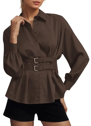 MISSACTIVER Women Button Down Pleated Shirts Long Sleeve Stand Collar Loose Fit Buckle Peplum Blouse Tunic Tops(Small,Brown)