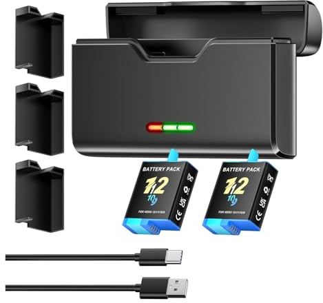 2000mAh Black Battery ， Slots， LED Light Bateria Storage Box Charger，Compatible With GoPro Hero 5，6，7，8，9，10，11， 12 Go，Pro 9(1 Charger 2 Battery)