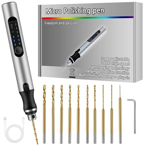 SKJJM Mini Perceuse Sans Fil, Mini Perceuse Électrique Manuelle, Graveur Rotatif Portable, Rechargeable avec 10 Forets, Perceuse Manuelle pour Modélisme, Bois, Résine, Fabrication de Bijoux