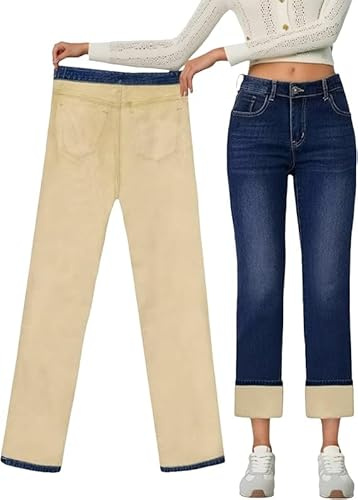 Vaqueros Forrados Mujer Invierno Cálidos Thermo Jeans Mujer Pierna Recta Vaqueros Forrados De Felpa Azul Marino