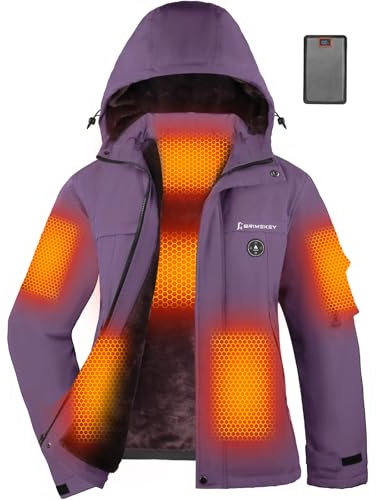 Brimekey Veste Chauffante Graphène Femme avec Capuche, Polaire Veste de Ski Imperméable et Coupe-vent avec Batterie 20000mAh, 6 Zones Chauffantes, 3 Niveaux de Température pour Ski, Randonnée(Violet)