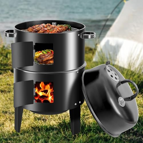 Victoam Horno de carbón vegetal 3 en 1, parrilla de carbón vegetal con termómetro y tapa, acero negro, diámetro 41 cm, rejilla para ahumar en caliente y en frío, ahumador, horno barbacoa