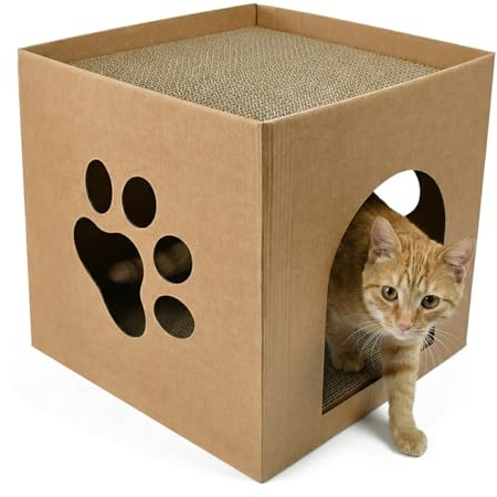 Elyyapt Cat Cardboard Scratcher Cat Scratching Board with Box, Cats Play Scratch House with Scratch Pads, Corrugated Cats Scratchers Lounge Bed for Indoor Kitty Rabbit Bunny Hideout, 31x31x31cm