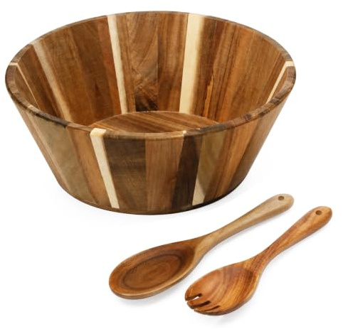Bofanze Ensaladera de Madera Grande Bol de Madera de Acacia Ensaladera | Grande, decorativo, de acacia, de madera, redondo, con tenedores y cucharas de madera, para fruta, ensalada y pan