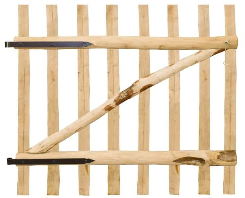 Cancello rustico in legno di nocciolo, 100 x 90 cm, robusto cancello di recinzione con listelli verticali e barre trasversali, con cerniere in metallo e ganci per cabina