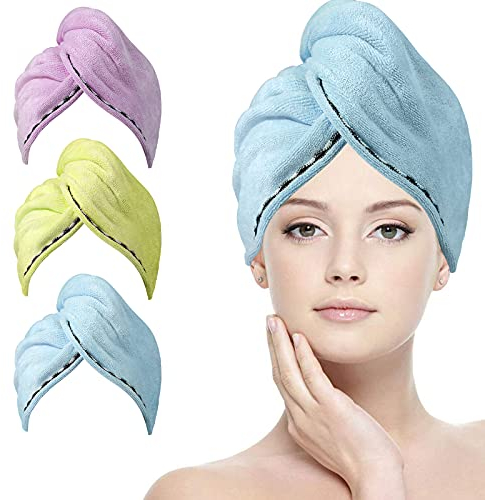 ACWOO Handtuch Haarturban Mikrofaser, 3 Stück Turban Handtücher Schnelltrocknend mit Knopf und 6 Haargummis, Weich Saugstark Haarhandtuch Kopfhandtuch Duschhaube Damen für Haaren