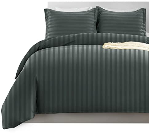 Imperial Rooms Double Duvet Set Reversible Stripes Satin Bedding Set with Pillowcases Breathable Microfiber Duvet Cover (Charcoal 200x200 Cm)