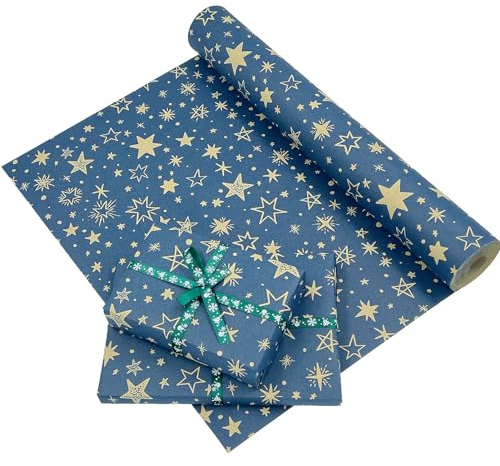 43 cm × 20 m Weihnachtsgeschenkpapierrolle, Kraftpapier bedruckt mit Sternen, recycelbare Kraftpapierrolle für Weihnachten, Geburtstag, Hochzeit, Geschenkpapier