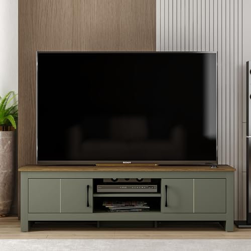 Galano Limestone Wide TV Unit – TV Stand Cabinet with Doors and Storage Shelves for Living Room – Modern Minimalist Style – Kale Green