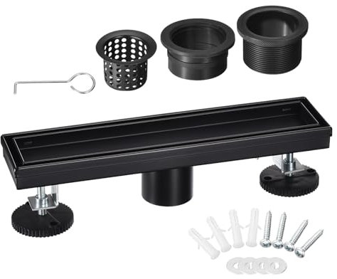 sourcing map 12 Inch Offset Linear Shower Drain, Stainless Steel Shower Drain with Tile Insert Grate and Hair Strainer, Adjustable Leveling Feet, Matte Black