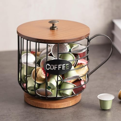 MEETOZ Coffee Pod Holders for Counter - Coffee Filter Holder with Lid, Coffee Bar Accessories. Round coffee Basket Decor for Kitchen Countertop for Pods & Espresso Capsules