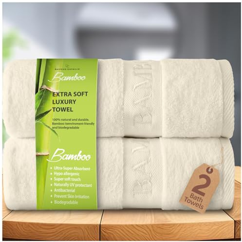 GC GAVENO CAVAILIA Large Bath Towel Bamboo Towels 2 Pack (70x120cm) - Highly Absorbent Quick Dry Towels (40% Cotton, 60% Bamboo) - Washable Bathroom Towel Cream - 500 GSM