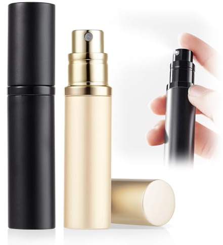 ASADAYS Portable Perfume Atomiser Refillable - 5ml Empty Travel Spray Bottle, Nano Mist, Bottom Filling Mini Atomizer, Pocket Size Cologne Dispenser for Women and Men (Black & C.Gold, CA)