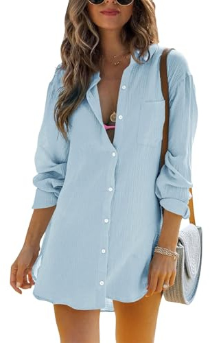 Cicy Bell Chemisier à Manches Longues pour Femme - Blouse d'été en Mousseline - Hauts en Coton - Décontracté - Chemisier à Boutons - Tunique Lâche - Robe de Plage - Couvre-Maillot de Bain, Bleu Clair