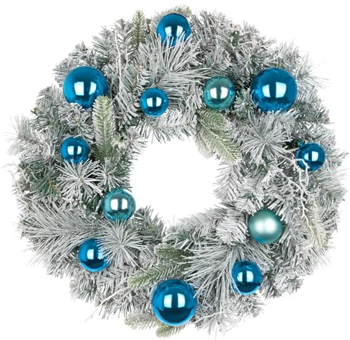 Oairse Ghirlanda natalizia da 61 cm per porta d'ingresso, grande, con palline blu, grande ghirlanda artificiale con pino innevato, per interni ed esterni, decorazioni natalizie da appendere
