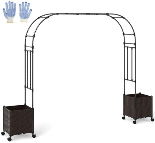 GiantexUK Garden Arch with Planter Boxes, Metal Pergola Trellis Arbour with Wheels & Self-Watering System, 2M Rose Vine Climbing Plants Support Archway for Lawn Patio Wedding (Black, 288 x 40 x 200cm)