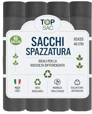 GECO Green ECOmmerce - 60 Sacchetti Spazzatura 40 Litri - 55x65 cm con Maniglie Tira e Chiudi | Buste Pattumiera per Raccolta Differenziata - Anti Goccia, Ultra Resistenti, Colore Nero