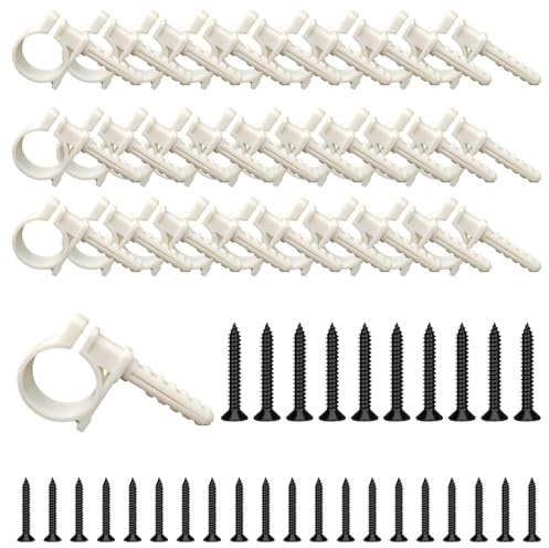 TONGIHS 30 Pièces Colliers de Serrage à Vis + Chevilles + Boulons de Suspension, plastique, Clips de Fixation de Tuyau blancs pour Fixation de Tuyau Ø 25 mm, pour Conduite D'eau,Tuyaux Ronds