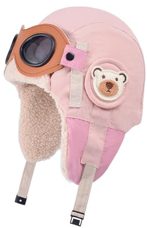Enfants Hiver Chaud Chapeau Aviateur Pilote pour Lunettes Détachables Coupe-Vent Imperméable Réglable Chaud Bonnet en Peluche l'Extérieur Ski Randonnée Cyclisme Casquette pour Garçons Filles 4-12 ans