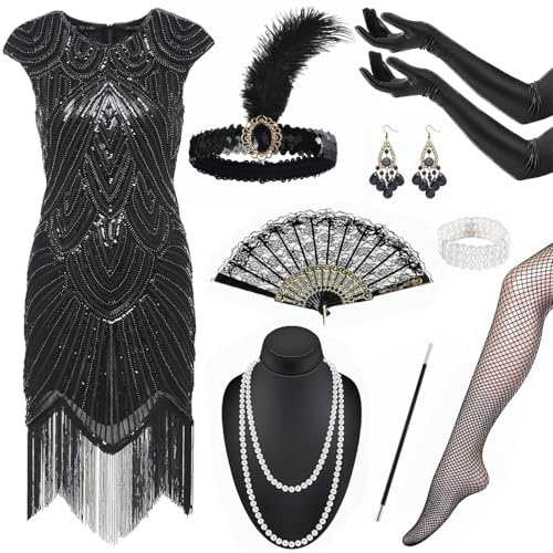XM-mengpanwei Robe Annee 20 Robe Charleston Femme, Gatsby Femme Annee 20,avec Dress Paillette et Franges,Tenue Vintage Accessoires pour Carnaval, Halloween, Fête 1920, Soirée Déguisée, Mascarade