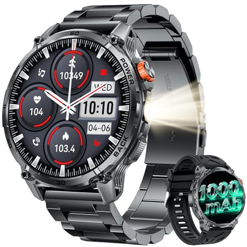 Smartwatch Herren mit Telefonfunktion Outdoor Sportuhr: 1,85''HD Smart Watch mit Herzfrequenz Schlafmonitor Blutdruck Schrittzähler Fitnessuhr mit 1000mAH Akku LED Taschenlampe Kompatibel Android iOS