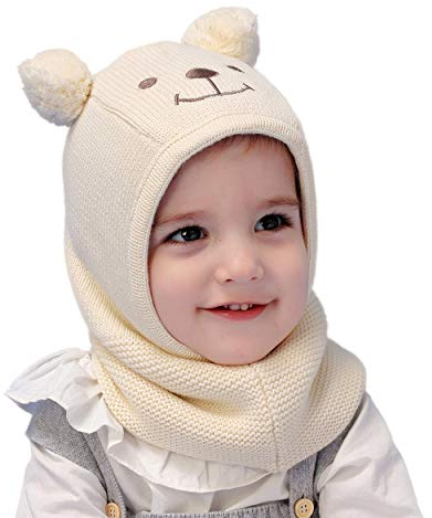 Magracy Baby Kleinkind Kinder Wintermütze mit Kapuze und Fleecefutter, Strickmütze, Schal mit Ohren M Beige