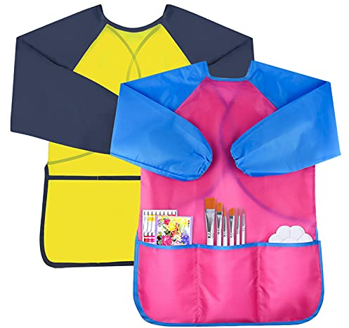 Chstarina Grembiule Pittura Bambini 2 Pezzi Grembiulino Impermeabile Scuola Maniche Lunghe con 3 Tasche Grembiule per Pittura,Grembiule da Gioco/Pittura/Cucina/Scuola 3-8 Anni