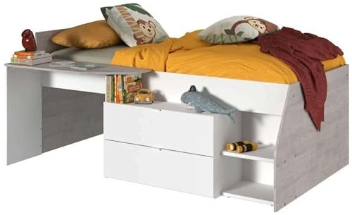 Miroytengo Cama Valky con Escritorio 2 cajones Color Blanco y Gris habitación Dormitorio Mueble 90X200/190 cm