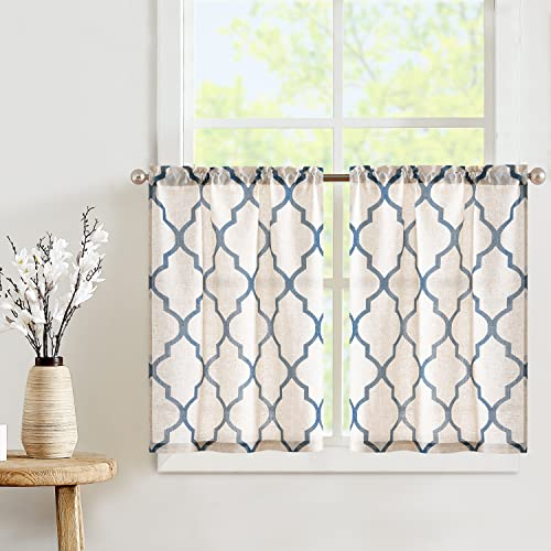 TOPICK Scheibengardinen modern Wohnzimmer Bistrogardine 2er Set Scheibengardinen Leinenoptik Küchengardinen mit Raute H60xB65 cm, Gardine Muster Vorhänge Küche Landhausstil Blau auf Natur