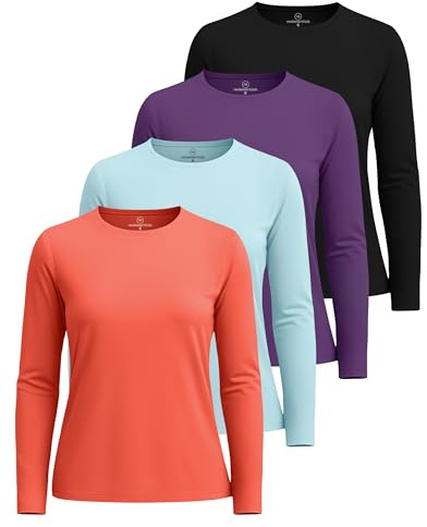 Real Essentials 4 Pack: Womens Quick Dry Fit Tech Stretch Long Sleeve Athletic Workout T-Shirt Tee Top Running Compression Swim Gym Active Wear Crew Exercise Just My Plus Size Yoga Zumba - Set 12, M