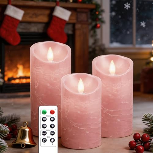 AiiBowy LED Velas Sin Llama [3 Piezas], Velas a Pilas, Cera Real, Llama Parpadeante, Control Remoto, Función de Temporización, para Navidad, Cumpleaños, Fiestas, Bodas (Rosa)