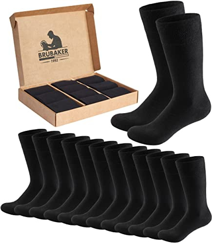 BRUBAKER 10 Pares de Calcetines de Hombre Negros – Algodón para Hombre – Comfort & Business – Para Deporte, Uso Diario y Trajes – Modelos Transpirables en Caja de Presentación - Talla 43-46
