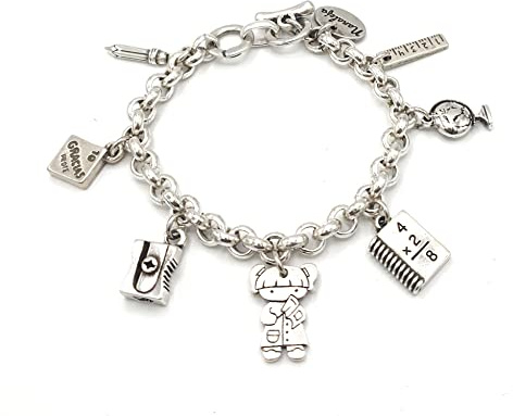 Pulsera profesora con 7 charms de colegio, Nanaleja, regalo maestra primaria, regalos originales para profesores, pulsera charms, regalos maestra infantil, cierre ajustable, hecha en España