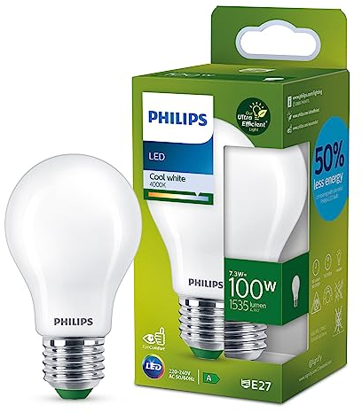Philips LED Classic ultraeffiziente E27 Lampe, mit Energieeffizienzklasse A, ersetzt 100W, matt, kaltweiß