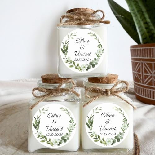 Bougies personnalisées Mariage, cadeau d'invités, thème champêtre. (Lot de 10 bougies) (Fleur d'Oranger)