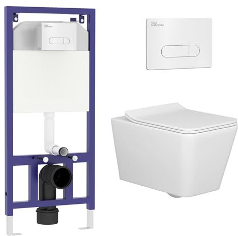 Wall Hung Toilet Pan Dual Concealed Cistern Frame Soft Close Seat & Chrome Flush Plate Square Rimless Toilet
