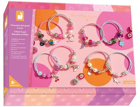 Janod - 8 Gioielli Feel Good da Creare - Gli Atelier dei Gioielli - Creazione di Braccialetti Fai-da-Te - Kit Creativo per Bambini - Apprendimento della Destrezza e Concentrazione - Da 8 anni - J09133