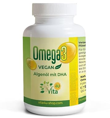 Veganes Omega 3 Algenöl - 120 Kapseln mit 400mg DHA Tagesverzehr - 1000mg Algenöl mit Omega-3 Fettsäure DHA - 60 Tagesrationen - bioverfügbar & laborgeprüft