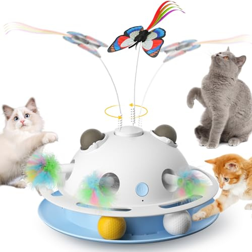 VOSFEEL 4 in 1 Interactive Cat Toys for Indoor Cats Adult, Smart Kitten Feather Toys with Catnip, Feathers and Handmade Butterfly, Auto-off
