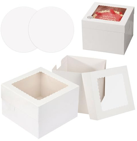 2 Pièces Boite a Gateau en Carton 25.4x25.4x20 cm avec Fenetre et Planche, Box Transport pour Biscuits, Beignets, Desserts